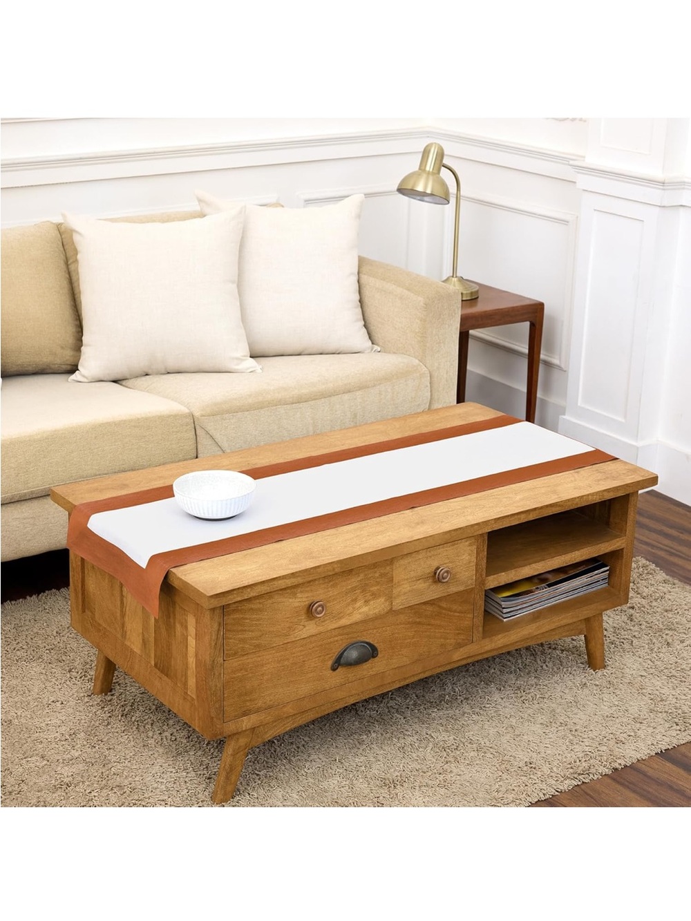 NEW Solino Home Linen Table Runner 36” - 100% Pure Linen Cinnamon and White